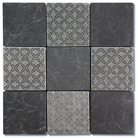 Intrend Tile 4 x 4 in Classic Deco Square Mosaic Blend Black Slate LS008S